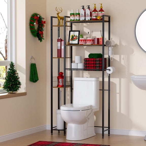 31.5" Wide Over Toilet Bathroom Organizer, Solid Wood Over The Toilet Storage With Paper Holder, Hooks, Side Shelf, Freestanding Bathroom Shelves Over Toilet for Laundry Room, Dorm Room, Balcony