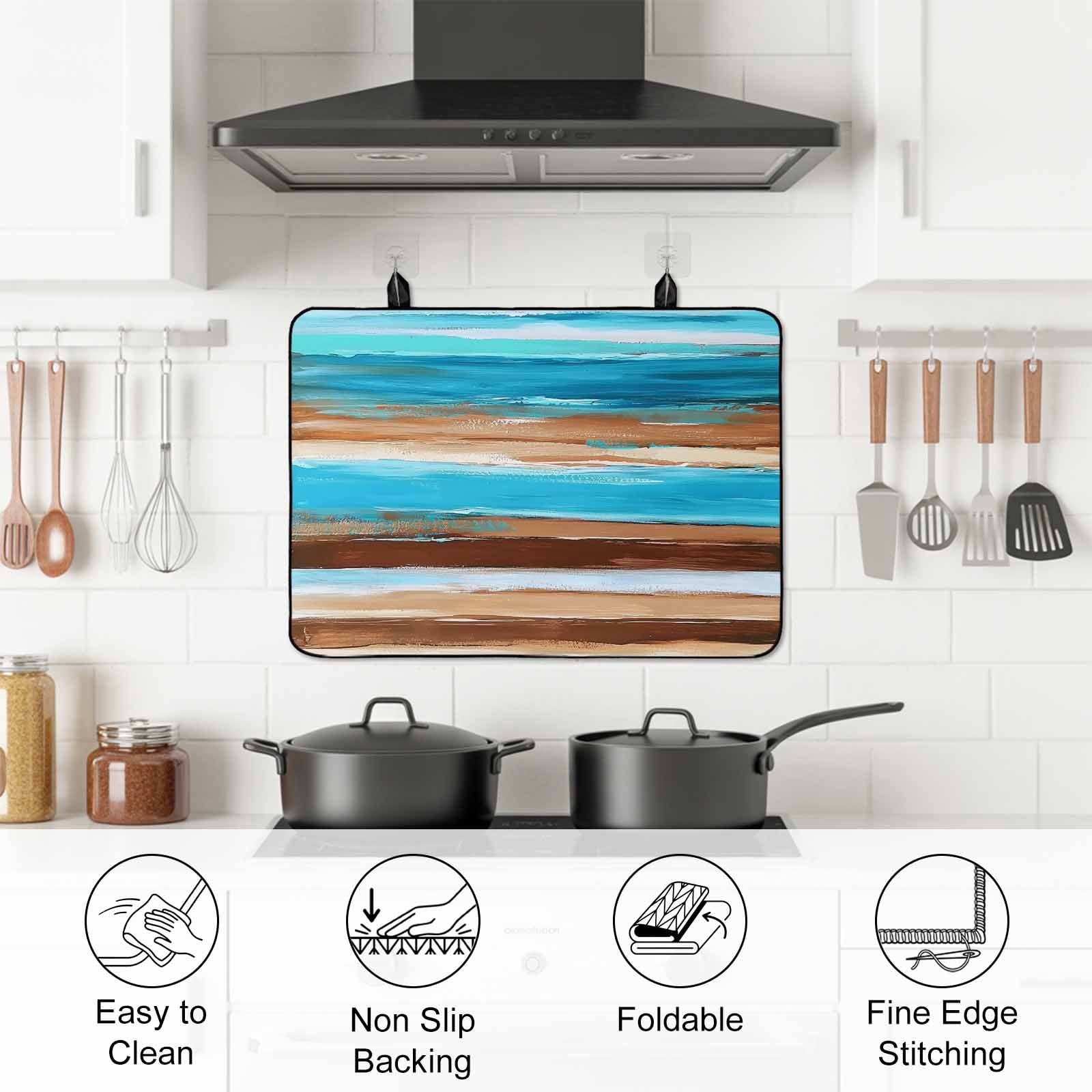 Turquoise Brown Stove Top Cover for Electric Stove, Heat-proof & Non Slip Glass Top Stove Cover Protector, Gradient Rustic Ocean Wood Grain Kitchen Flat Cooktop Rubber Mat 24x21 Inches