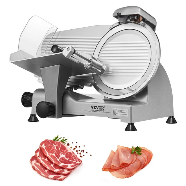 VEVOR Trancheuse à Viande, Trancheuse Électrique de 340 Watts pour Charcuterie avec Lame en Acier Inoxydable SUS420 de 10 Pouces et Pierre d'Affûtage Intégrée, Épaisseur Réglable de 0 à 0,6 Po