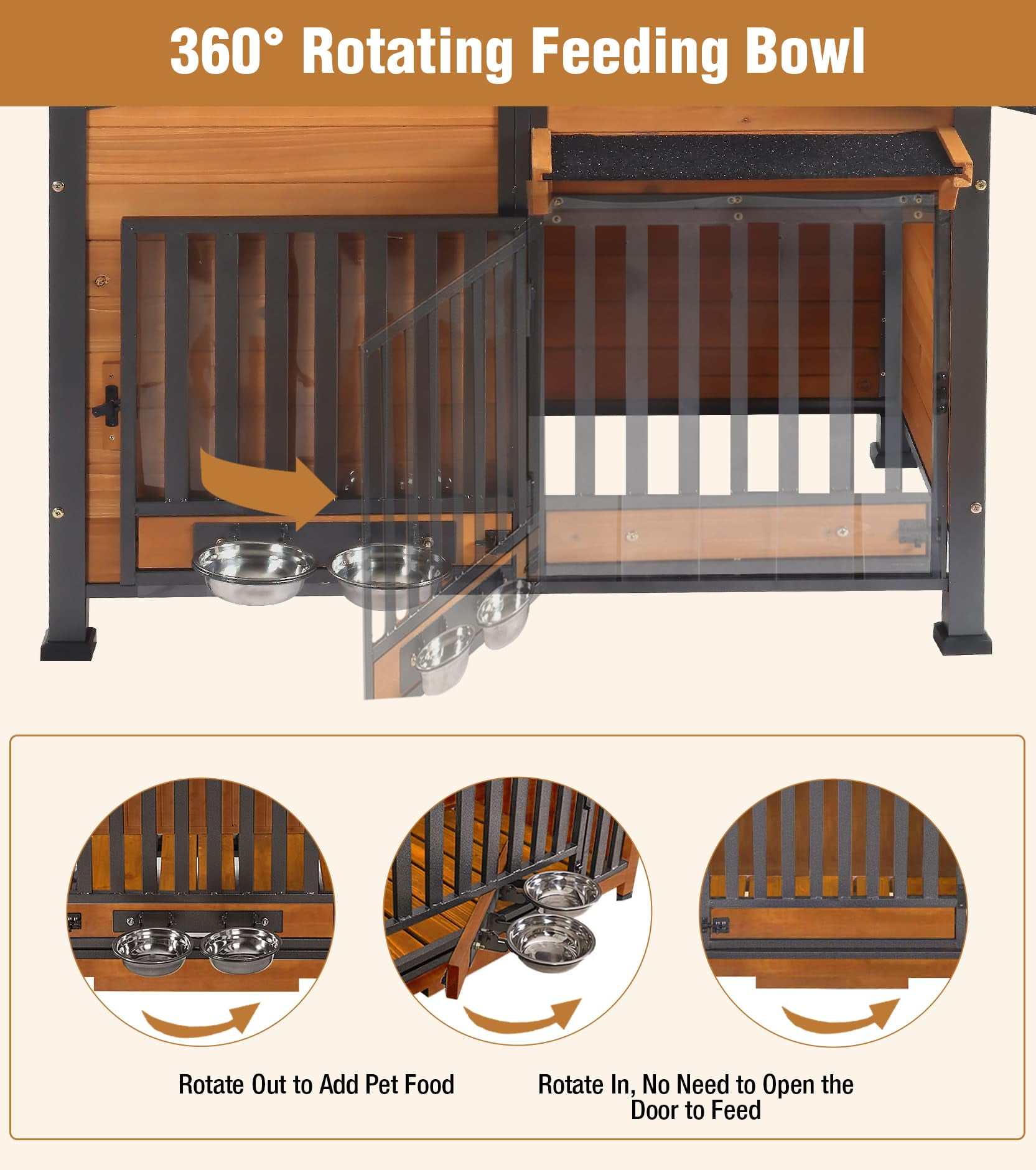 MEDEHOO Heated Dog House Outdoor with Electric Heating Pad, Insulated Wooden Dog Kennel with 360° Rotating Feeding Bowl, Anti-Chewing Metal Frame, Natural Wood Color