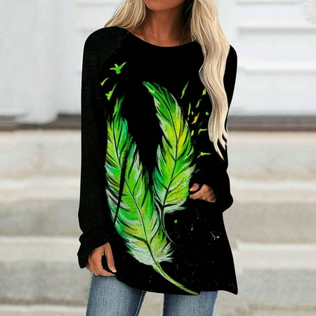 

Zedker Bustier Tops for Women Workout Tops for Women Long Sleeve Women Long Sleeve Casual Shirts Feather Print Crew Neck Pullover Loose Tops