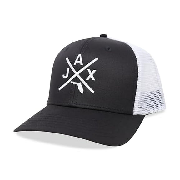 International Tie Jacksonville Jax Hat for Men and Women - Snapback Trucker Baseball Cap (Black/White)