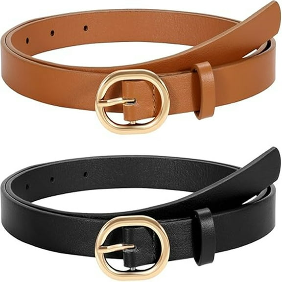 2 pack Women's Skinny PU Leather Belt with Gold Buckle Ladies Thin Leather Plus Size Waist Belt for Jeans Dress