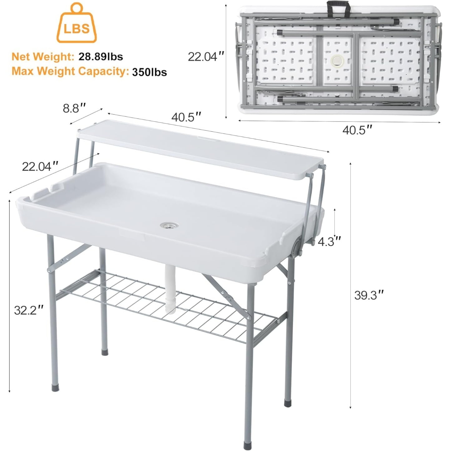 Home Outdoor Ice Cooler Folding Table with Drain, Two-Tier Ice Tables with Removable Skirt and Extra Storage Shelf, Indoor Outdoor Use for Events, Parties, Wedding, Camping, BBQ