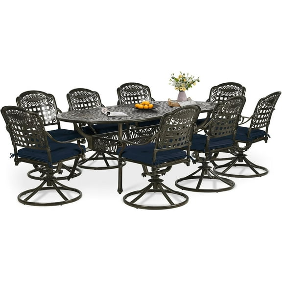 9-Piece Patio Dining Set, Outdoor Patio Table and Chair Set of 84” oval Cast Aluminum Dining Table with Umbrella Hole, 8 Patio Dining Swivel Chairs Padded, Patio Funiture Set, Navy