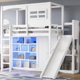 thumbnail image 2 of Euroco Wood Twin Size Loft Bed with Bookcase and Wardrobe, House Bed with LED Light and Slide, White, 2 of 12