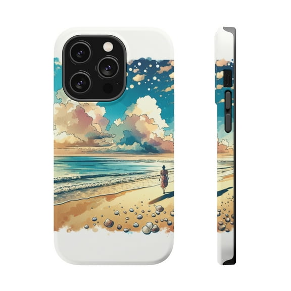 DistinctInk Tough Case for Apple iPhone 15 Pro MAX (6.7" Screen), Compatible with MagSafe Charging - "Tranquil Beach Serenade: A Watercolor Masterpiece"