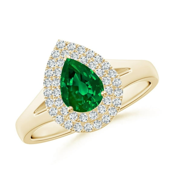 ANGARA Lab Grown Pear-Shaped Emerald Double Halo Engagement Ring for Women in 14K Yellow Gold (Size-7x5mm) | May Birthstone, Birthday, Anniversary, Jewelry Gift for Women | Lab-Grown Emerald Ring