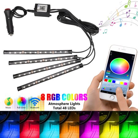 TSV 4 Pcs 5050SMD 12LED Car Light Strip, Bluetooth APP Control Car Light Kit Music Under Dash Atmosphere Light Fit for iOS Android Phone - 10W Super Bright RGB LED DIY Lighting for Home Car (The Best Music Downloader App For Android 2019)