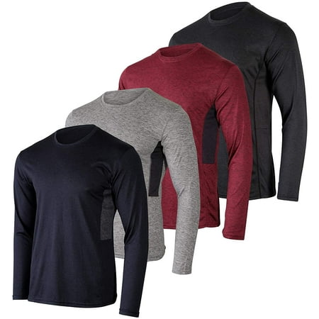 4 Pack: Men's Dry-Fit Moisture Wicking Performance Long Sleeve T-Shirt, UV Sun Protection Outdoor Active Athletic Crew Top