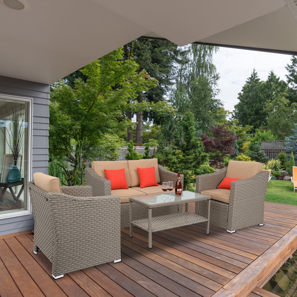 Kepooman Outdoor Patio Rattan Wicker Chairs Set with Glass Coffee Table & Cushion, Set of 4, Grey Kepooman Outdoor Patio Rattan Wicker Chairs Set with Glass Coffee Table & Cushion, Set of 4, Grey