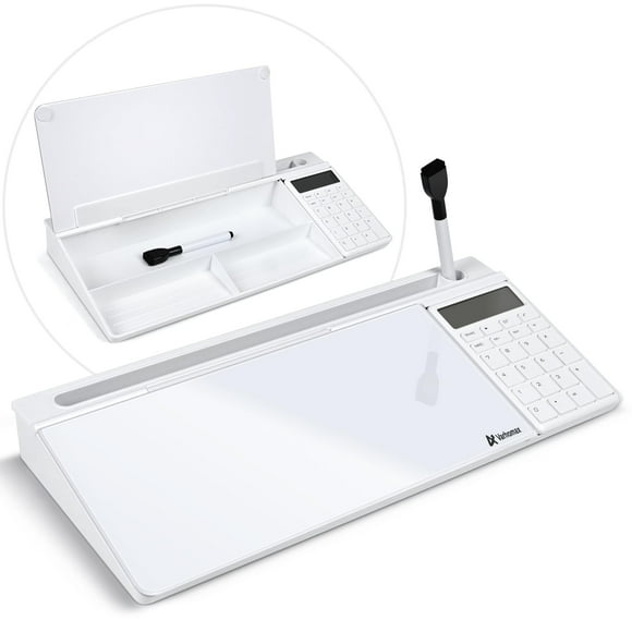 Varhomax Glass Desk Whiteboard White with Calculator, Desktop Dry Erase White Board with Storage, Desk Board to Do List Memo Notepad for Home and Off