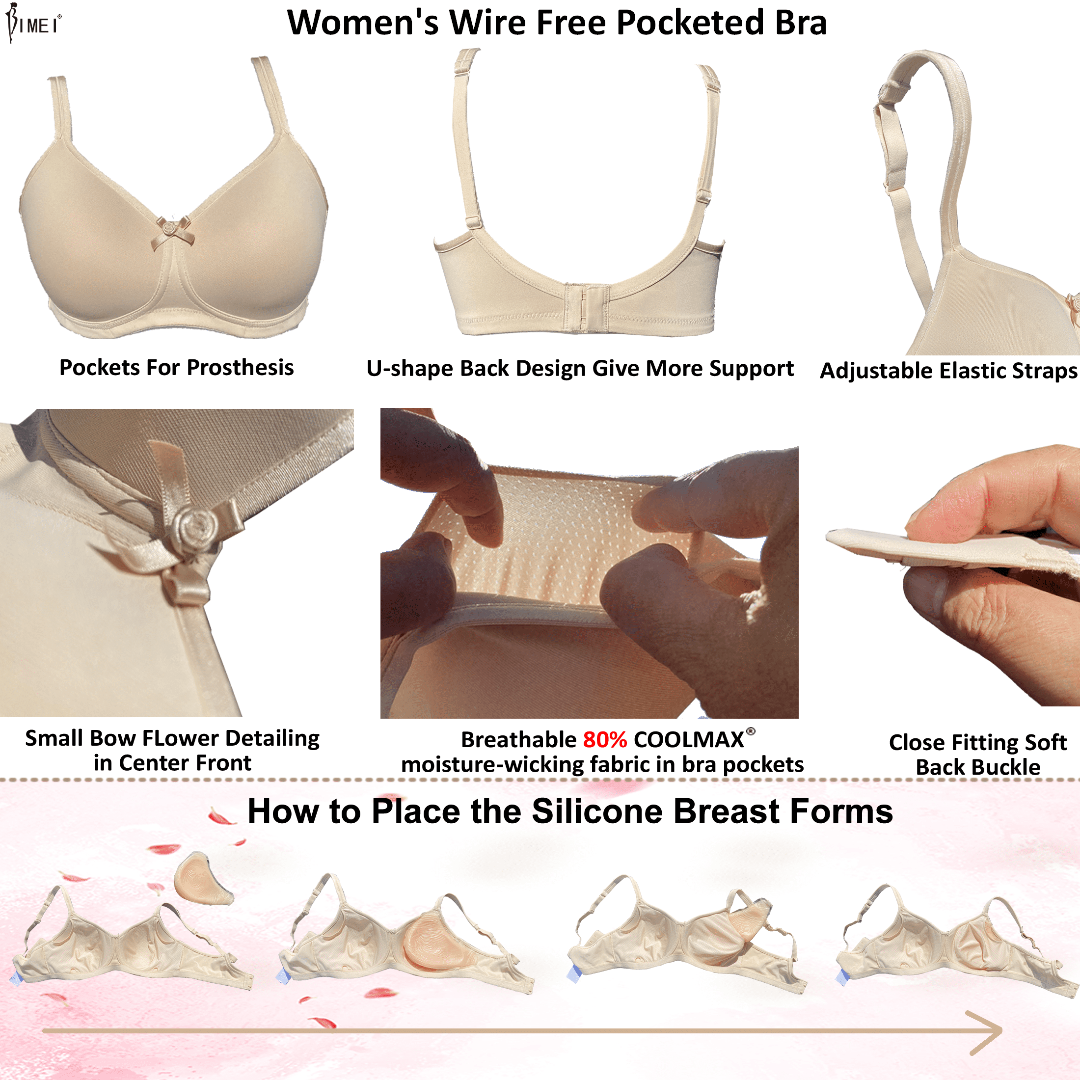 BIMEI Women's Mastectomy Bra Coolmax Wire Free Pocketed Post