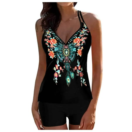 Deals of the Week Clearance TMOYZQ Women s Vintage Flower Printed Tankini Swimsuit V-Neck Swim Tank Tops with Boyshorts Two Piece Swimsuit Summer Beach Bathing Suit