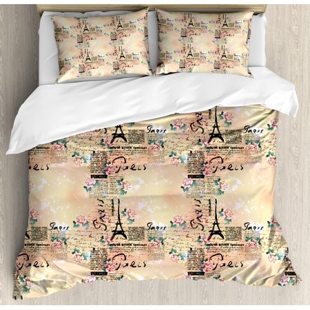 Light Blue Floral Bedding Modern Duvet Cover Set, French Paris Themed Lettering with Floral Leaves Details Artwork, Decorative Bedding Set with Pillow Shams, Blue Black and Pale Pink, by Ambesonne ()