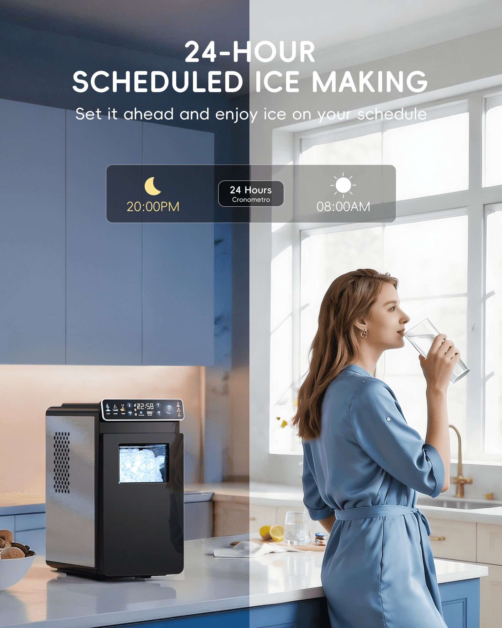 Ecozy Chillio Countertop Ice Maker, Smart Ice Machine with Full-Color Display Panel and Built-in Lighting, Produces 26lbs/24H, Dual-Layer Insulation, Two Ice Size, Portable Design
