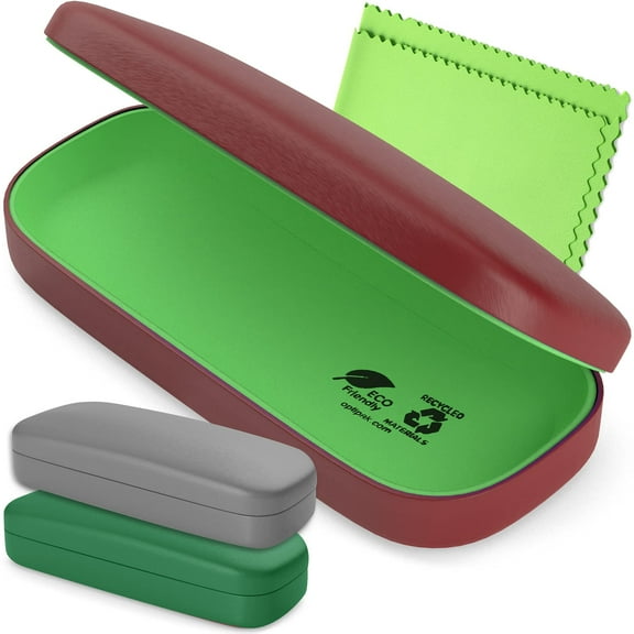 OPTIPAK Hard Shell Glasses Case - Eco Friendly Large Eyeglass Hard Case with Microfiber Cleaning Cloth - Brushed (Gn, Bur, Gy, 3Pk)