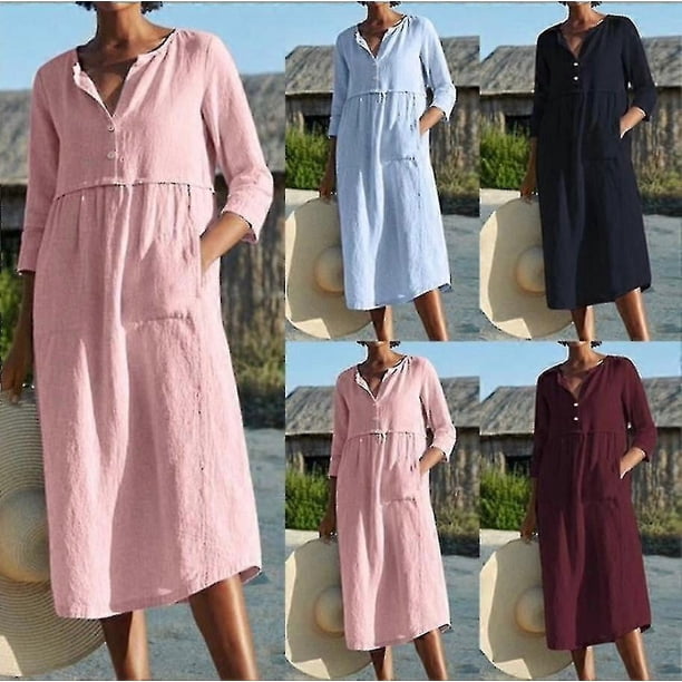 Vestido suelto de lino y algodón para mujer, con bolsillos, para fiesta de verano