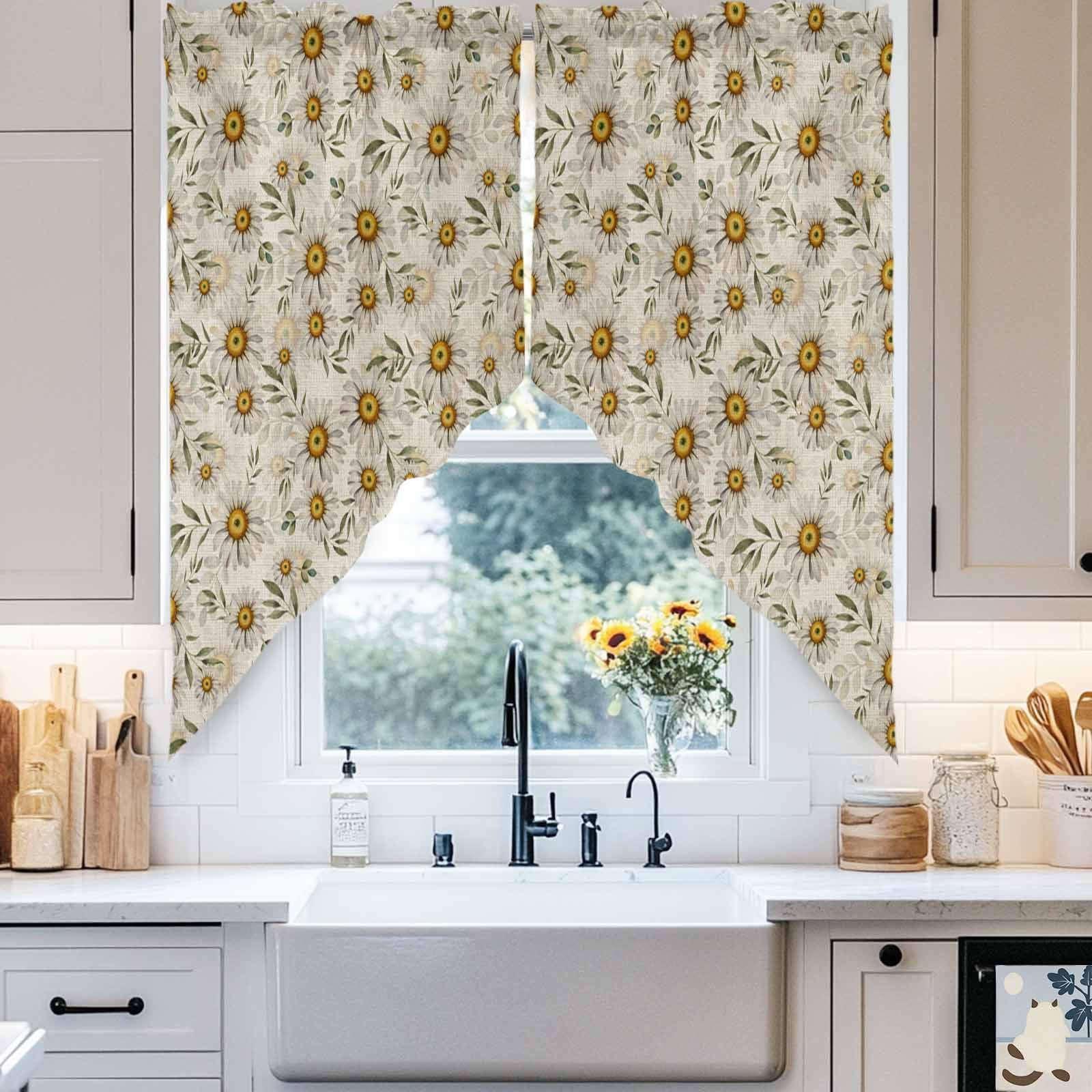 Swag Curtain Valances Daisy Flower Swag Valances for Kitchen Windows Green Leaves Linen Short Topper Curtains Valance Tier Pair for Kitchen Bedroom Living Room Bathroom 28"x36"