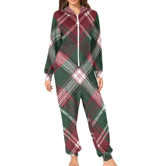 Red Green Plaids Mixture Christmas Adult's Hoodie Onesie Jumpsuit One-Piece Pajamas with Zipper Unisex for Holiday S