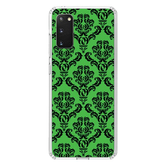 DistinctInk Clear Shockproof Hybrid Case for Galaxy S20 ULTRA / 5G (6.9" Screen) - TPU Bumper, Acrylic Back, Tempered Glass Screen Protector - Green Black Damask Pattern - Floral Damask Pattern