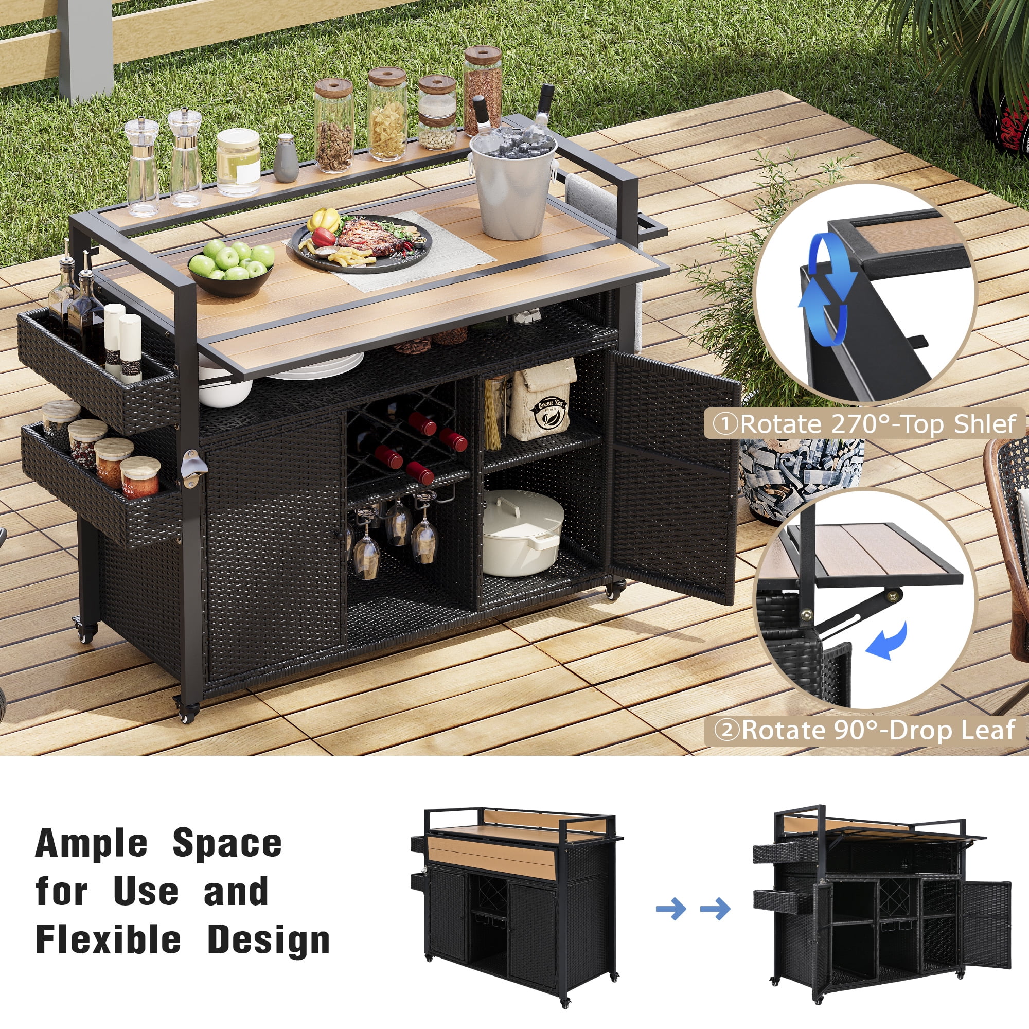 Outdoor Grill Cart 52.8 Inch W, Wicker Structure with Extended Plastic Wood Table Top for Patio Backyard, Black Brown