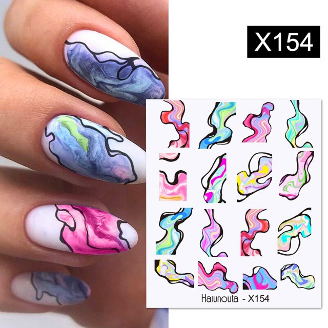 Calcomanías de agua con patrón de mármol floreciente de tinta negra Harunouta, pegatinas de línea negra, deslizador de cara de hojas de flores para decoración artística de uñas de verano Tan Jianjun unisex