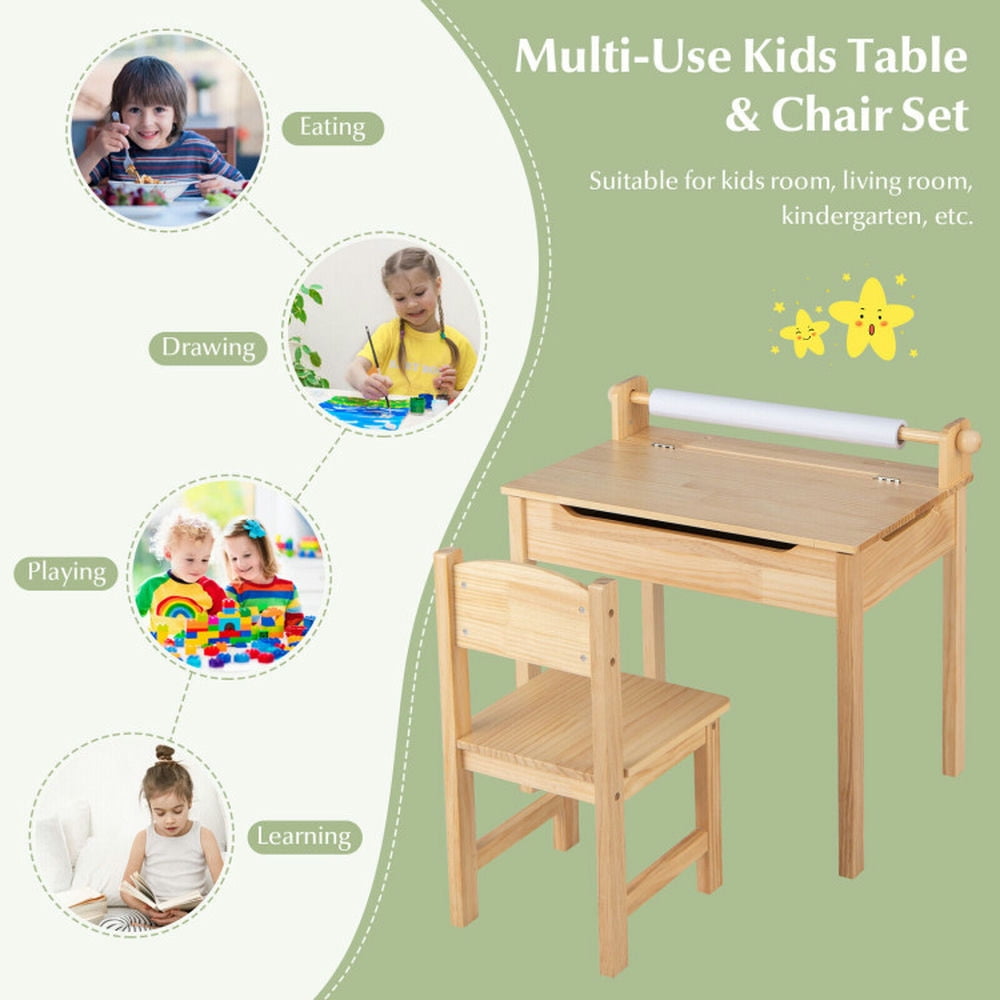 Kadyn Children Kids Table Chair Set,Children Playroom Table Chair Set,Toddler Multifunctional Activity Table and Chair Set with Paper Roll Holder-Natural