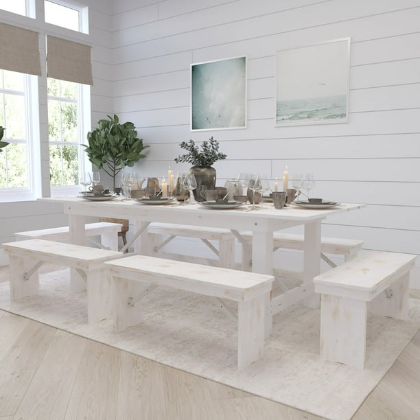 Merrick Lane Matthew 8 X 40 Folding Farmhouse Style Dining Table And Six Bench Set In Antique Rustic White Com Folding Farmhouse Style Dining Table, Farmhouse Dining Table Set For 8 With Bench