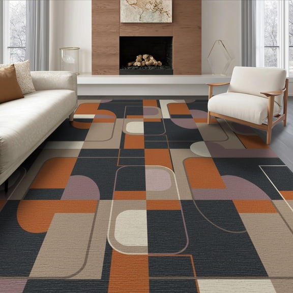 ODIKA 8'x10' Washable Area Rug Non-Slip Chair-Friendly Mat Shapes Minimalist Border Brushstroke Interlocking Abstract Mid Century Playful for Dining Room, Large Office, Lounge