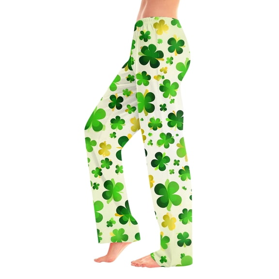 Fgvctg St. Patrick's Day Women's Pajamas Trendy Sleepwear Wide Leg Pajamas Shamrock Clover Print High Waisted Pj Pant Oversized Spring Drawstring Lounge Pants Beige M