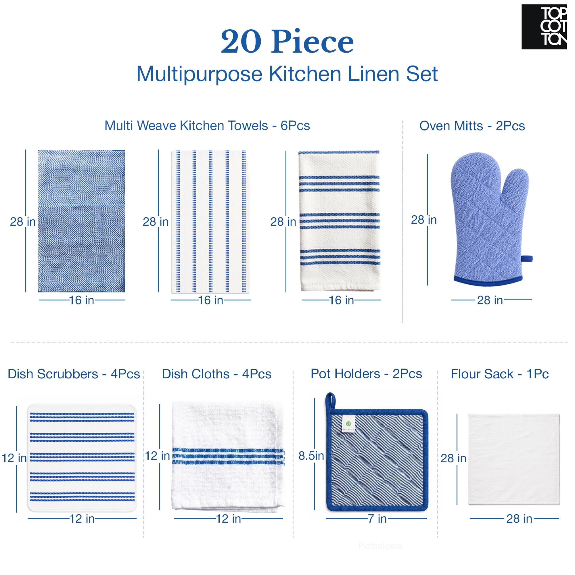 Top Cotton 20 Piece Kitchen Linen Set, Cotton Kitchen Towels, Dishcloths, Apron, Oven Mitts and Pot Holders (Royal Blue)