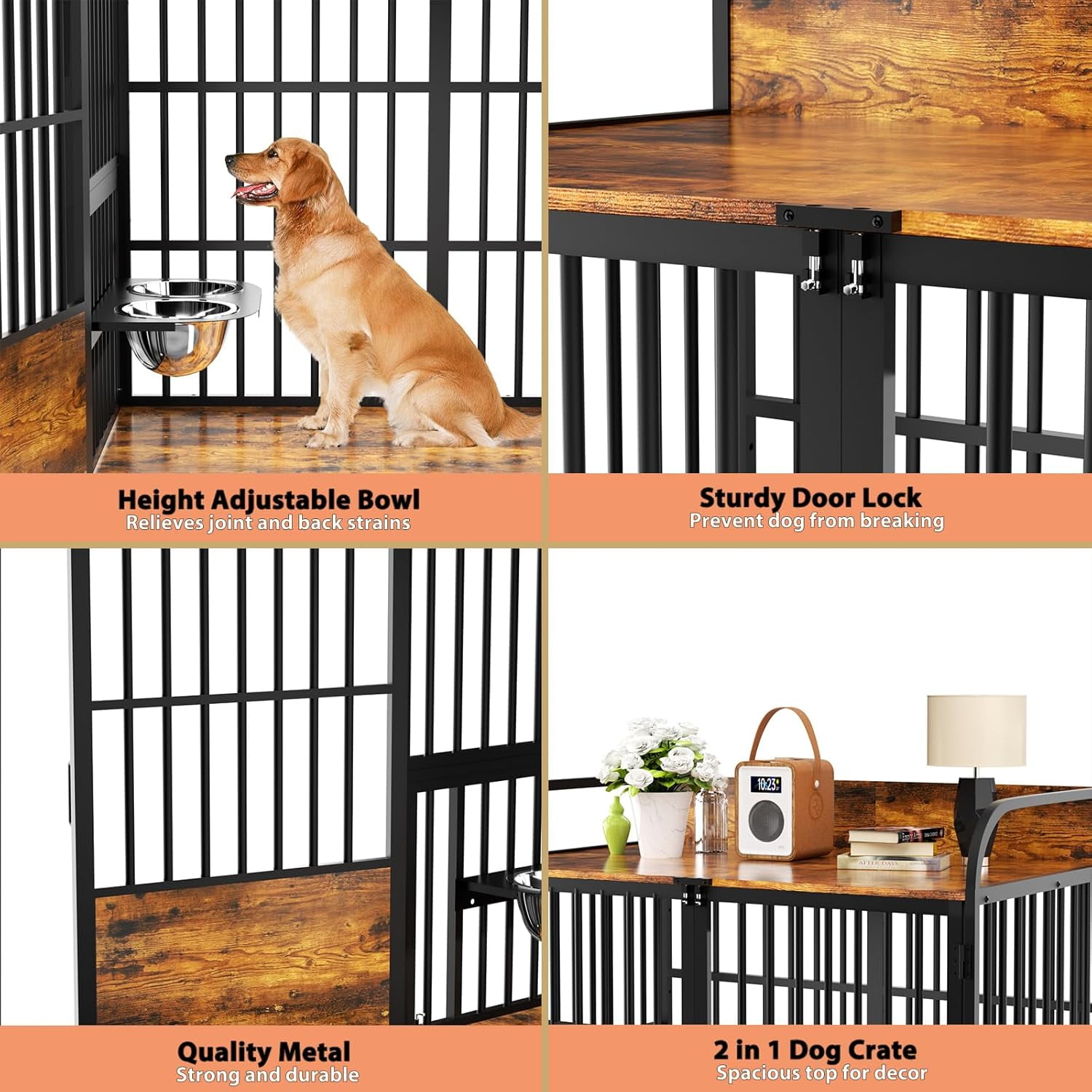 41" Dog Crate Furniture with Adjustable Bowls, Indoor Furniture Style Wooden Dog Kennel, Decorative Dog Cage End Table for Small, Medium Dogs, Brown