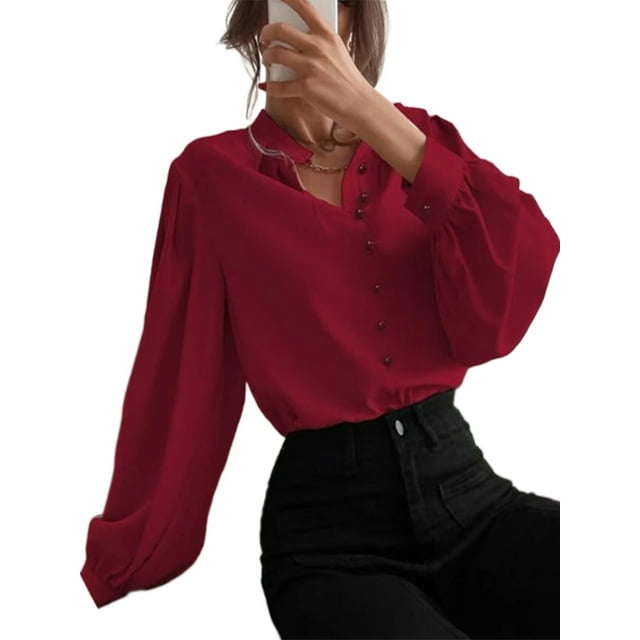 LUXUR Hauts à Manches Longues pour Femmes Chemises de Travail Amples Bordeaux L