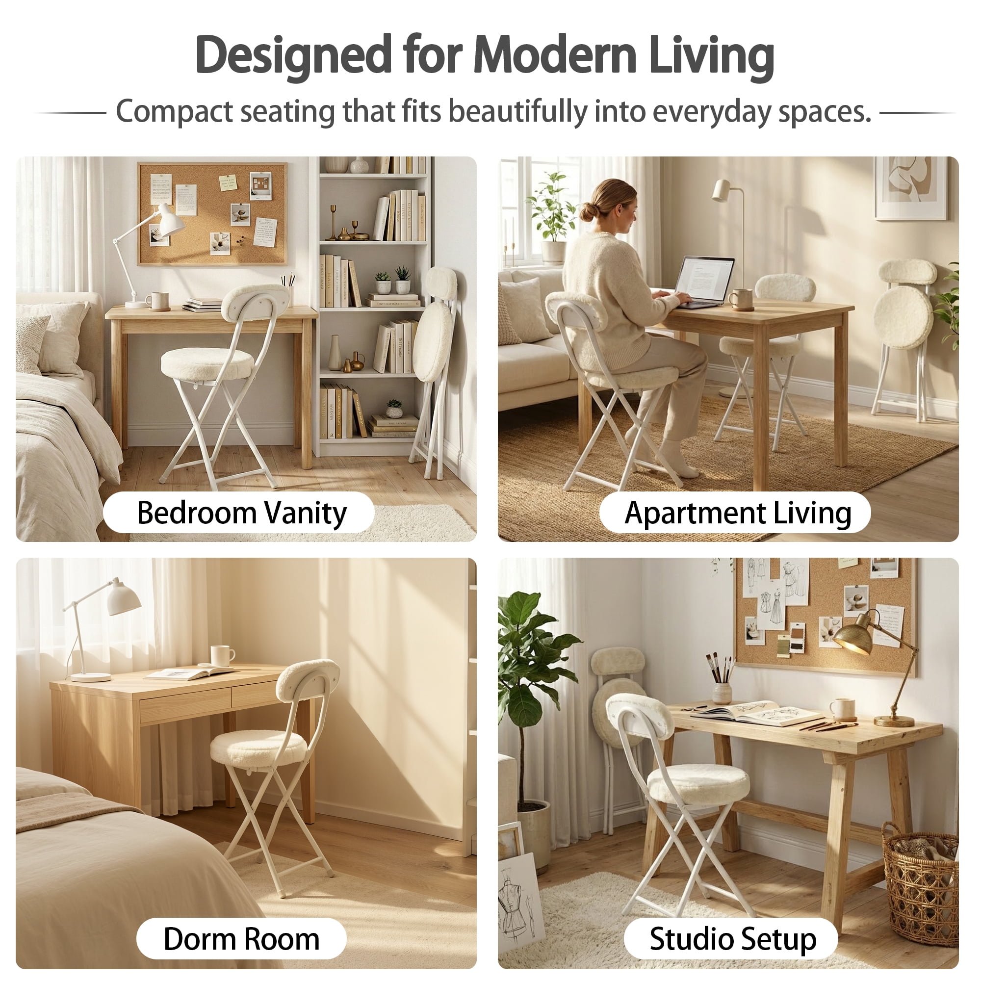 Homy Casa 4-Pack Folding Chairs with Back, Plush Padded Seating for Dining and Guest Use, Ivory Cream