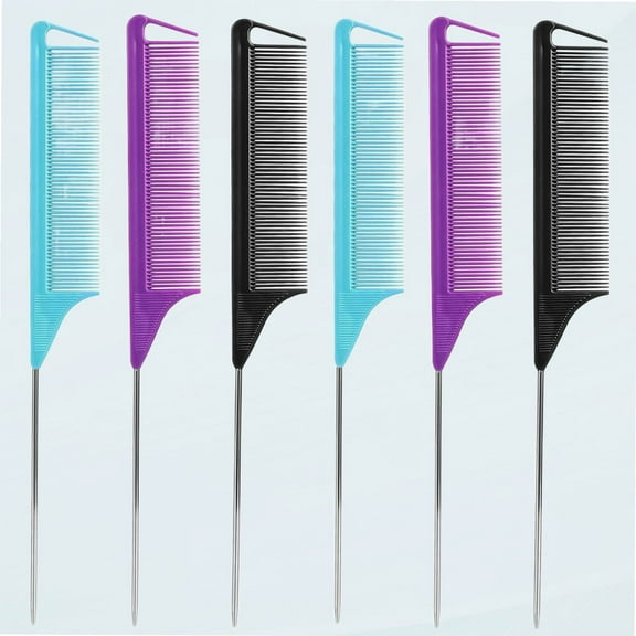 Rat Tail Split Comb: 6Pcs Rat Tail Comb, Metal Tail Comb, Steel Pin Rat Tail Men Women Hair Combs, Combs for Salon Hair Stylist, Hair Stylist Braiding Tools (Purple | Black | Blue)