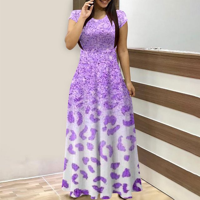 Robes pour Femmes 2024 Été Oversize Col Rond Manches Courtes Imprimé Quotidien Décontracté Vintage Bohème Maxi Robe 50 % de Réduction Liquidation!