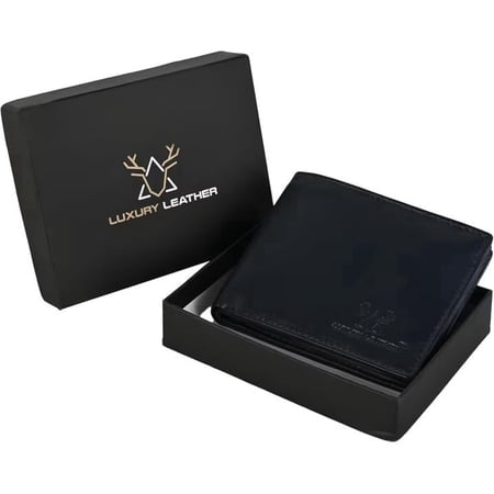 Luxury Leather Genuine Leather RFID Blocking Wallet for Men | Slim Bifold Design with Zipper Coin Pocket ID Window & Multiple Card Slots | Navy Blue