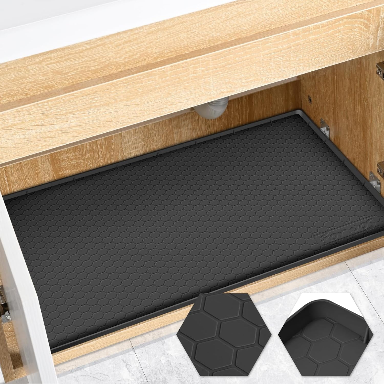 RGHJAR-Waterproof Under Sink Mat 22" x 19", Silicone Cabinet Liner, Rubber Protector for Kitchen and Bathroom, Keeps Cabinets Clean, Dry, and Organized (Black)