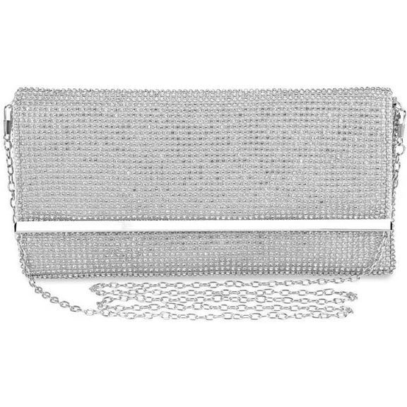 Womens Sparkly Crystal Diamante Evening Clutch Bag Bridal Prom Party Handbag Wedding Purse with Chains/Silver
