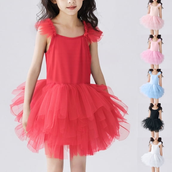 Auroural Girls' Solid Color Suspender Sleeveless Jumpsuit Mesh Dance Dress