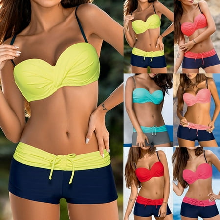 IDALL Bikini Sets Bathing Suit Women Two Pieces Bathing Suits Top Ruffled With High Waisted Bottom Bikini Set Thong Bikini Sets Sexy Bikini Two Piece Swimsuit Yellow L