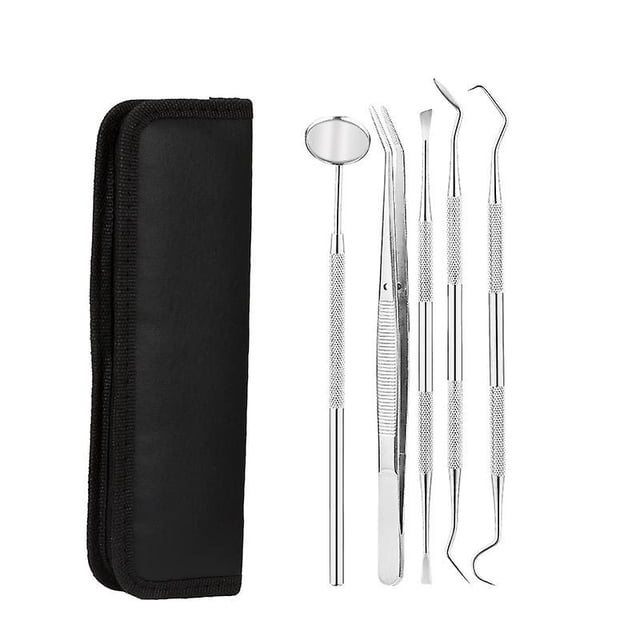 Kit de 5 raspadores dentales, kit de limpieza de dientes de acero inoxidable, calculadora, calculadora de placa, escáner de higiene, raspador de gancho con lámpara, espejo dental