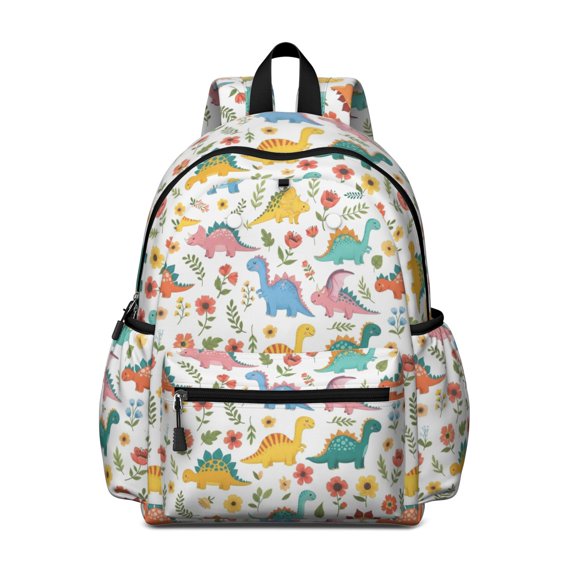 Dinosaur and Flower White Pattern Backpack for School, Cute School Bag with Adjustable Shoulder Straps and Padded Back, 13.4"x11"x4.7"