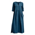 thumbnail image 4 of Jovrlynd Fall Midi Dresses for Women V Neck 3/4 Sleeve Cotton Linen Casual Boho Dress with Pockets 2026, S-2XL, 4 of 7