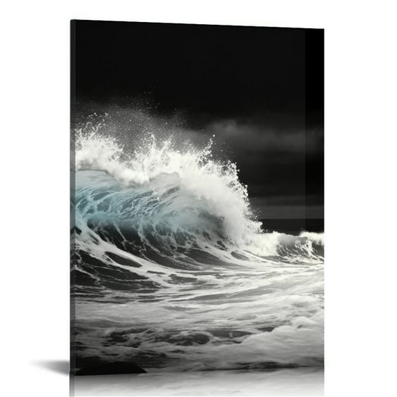 ARISTURING Wall Art Lightning Ocean Wave Stones Picture Black and White Seascape Canvas Print Nature Artwork Home Office Bathroom Decor 12x16 in