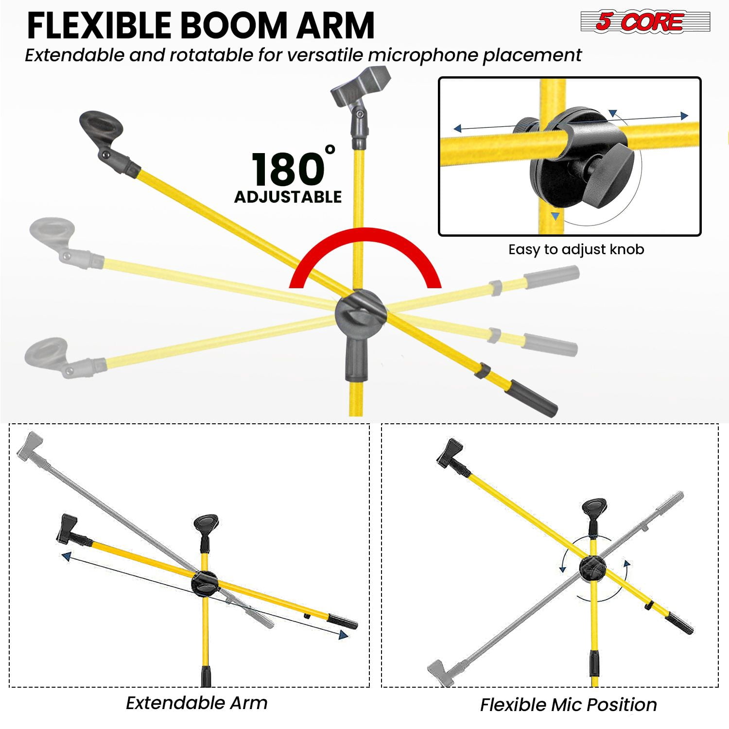 Mic Stand Floor Height Adjustable Tripod Microphone Stands w Extending Telescoping Boom Arm - MS DBL G Yellow