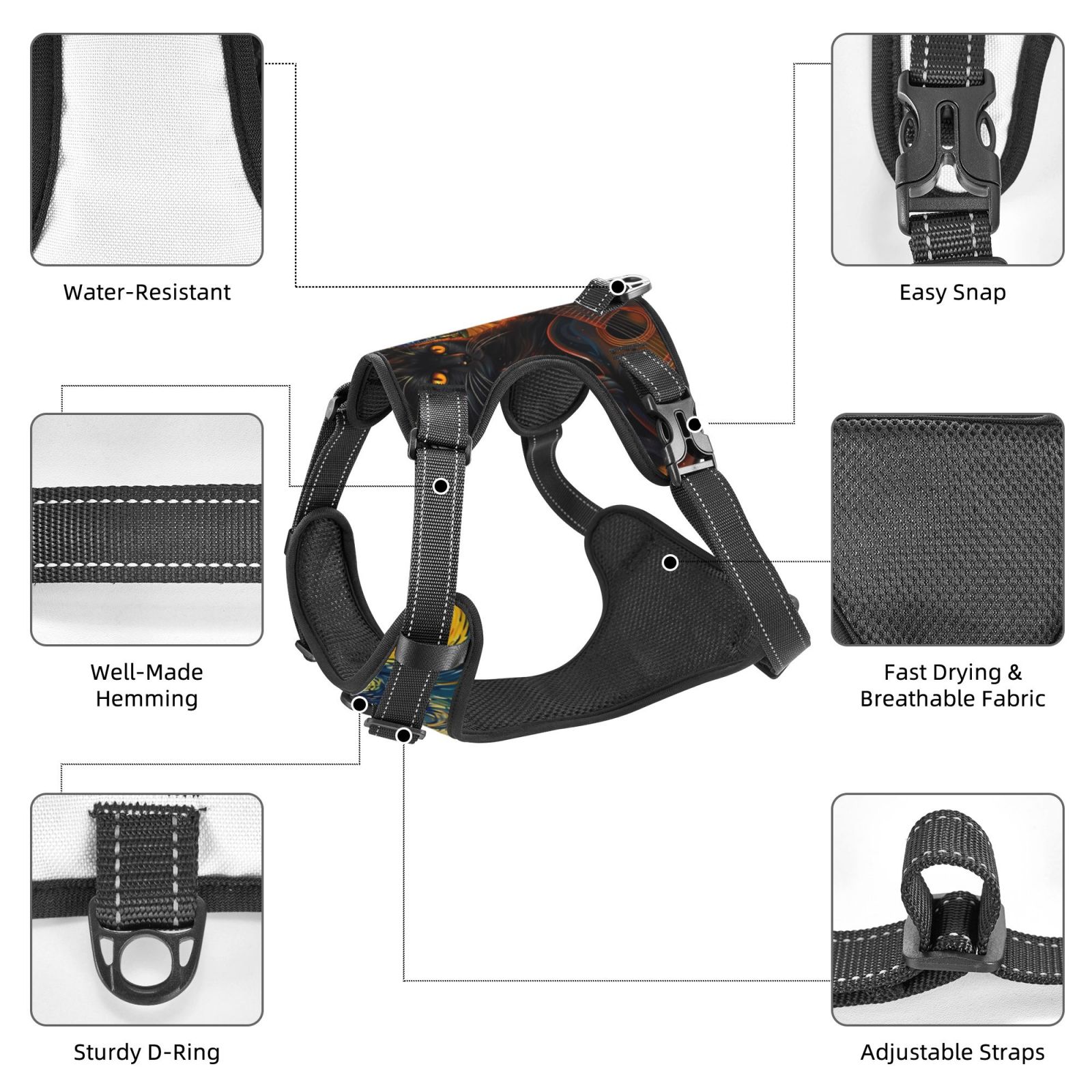 Vsdgher Starry Night Cat Guitarist A Dog Harness, No-Pull Pet Harness, Dog Vest, Pet Vest for Small to Large Dogs-X-Large