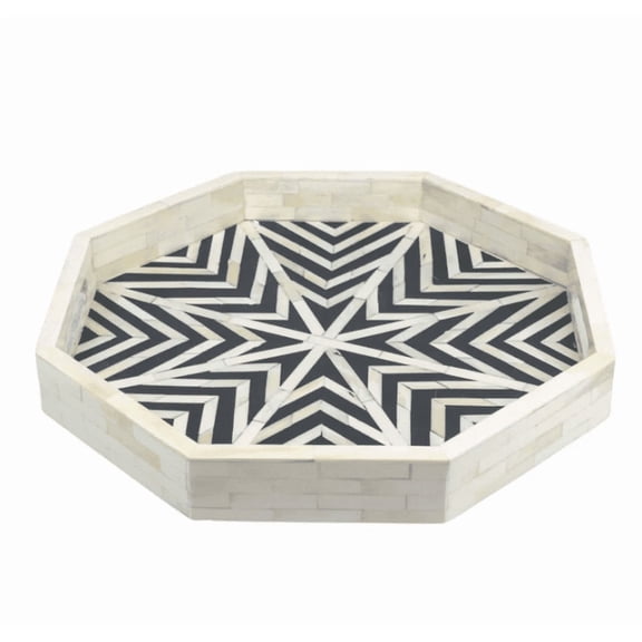 Octagonal Bone Inlay Tray Black White Contemporary Design Ivory Brick Sides Bold Pattern for Coffee Table or Entryway