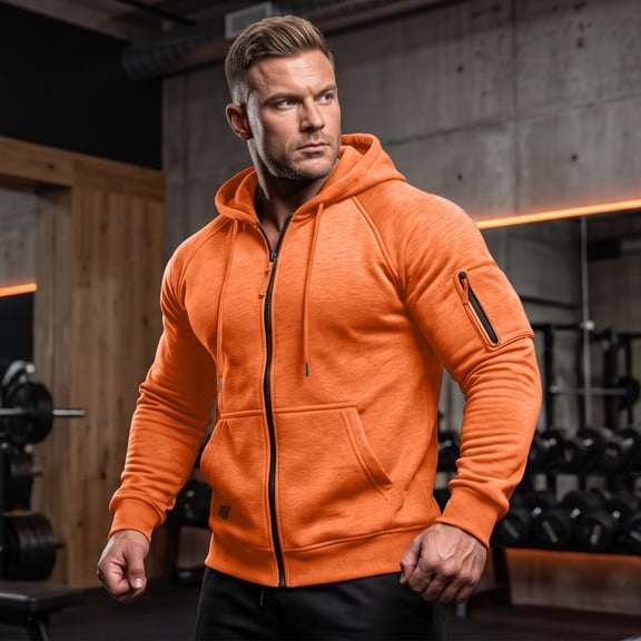 Mens Zip Up Hoodie Long Sleeve Fleece Casual Hooded Sweatshirts Athletic Full Zip Jacket with Pockets Orange 2XL